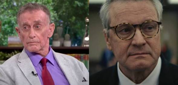 Side by side images of Michael Peterson and Colin Firth in HBO Max's The Staircase. In the image on the left, Peterson wears a purple shirt, red tie and light grey jacket as he in being interviewed on This Morning. In the image on the right, Firth plays Peterson in the HBO Max series The Staircase. The actor is wearing a whit button up shirt, patterned tie and black jacket