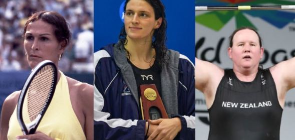 Renée Richards (L) on the tennis court, Lia Thomas (C) after being awarded a medal, and Laurel Hubbard (R) weightlifting.