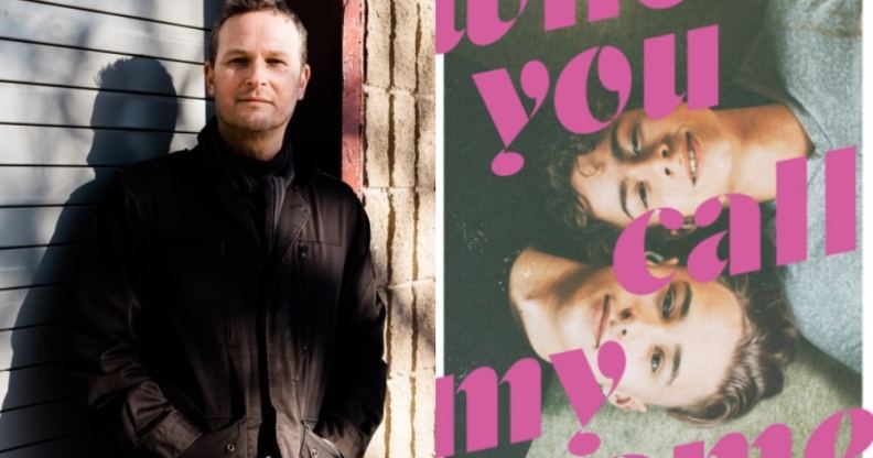 A picture of Tucker Shaw, author of When You Call My Name, on the left, with a picture of the UK cover of his AIDS era novel on the right.