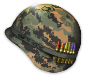A camouflage helmet with six bullets strapped to it in the colours of the Pride flag
