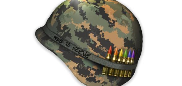 A camouflage helmet with six bullets strapped to it in the colours of the Pride flag
