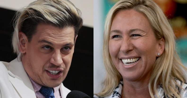 Headshots of Milo Yiannopoulos and Marjorie Taylor Greene