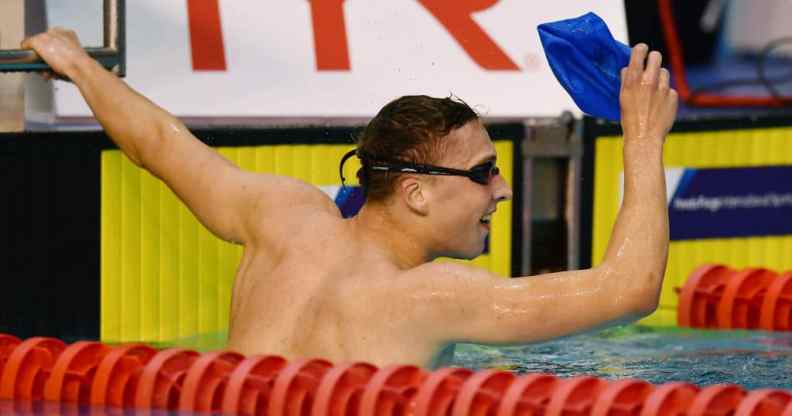 Dan Jervis celebrates winning the men's open 1500m freestyle at the British Swimming Championships 2017