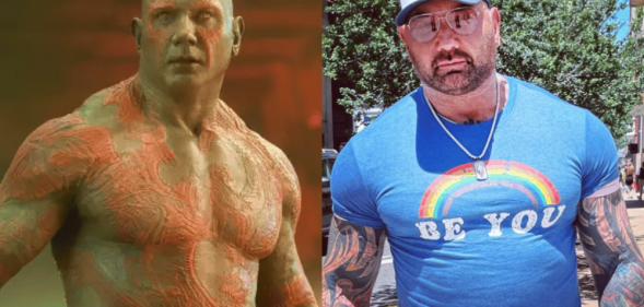 A split image of Dave Bautista as Drax in Marvel's Guardians of The Galaxy, and him casually wearing a baseball cap and bright blue rainbow Pride t-shirt.