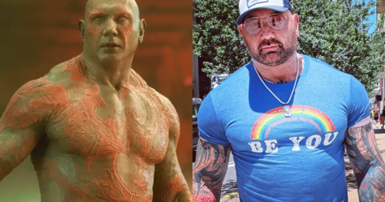 A split image of Dave Bautista as Drax in Marvel's Guardians of The Galaxy, and him casually wearing a baseball cap and bright blue rainbow Pride t-shirt.