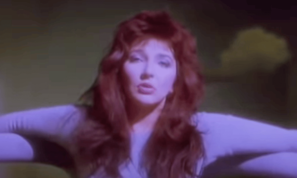 Kate Bush with red hair, in a lilac leotard