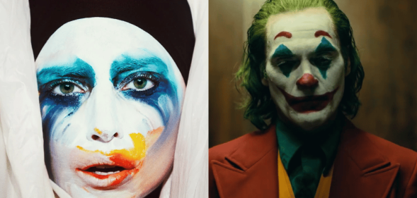 Lady Gaga with clown make-up, from her Applause video, and Joaquin Phoenix as the Joker