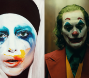 Lady Gaga with clown make-up, from her Applause video, and Joaquin Phoenix as the Joker