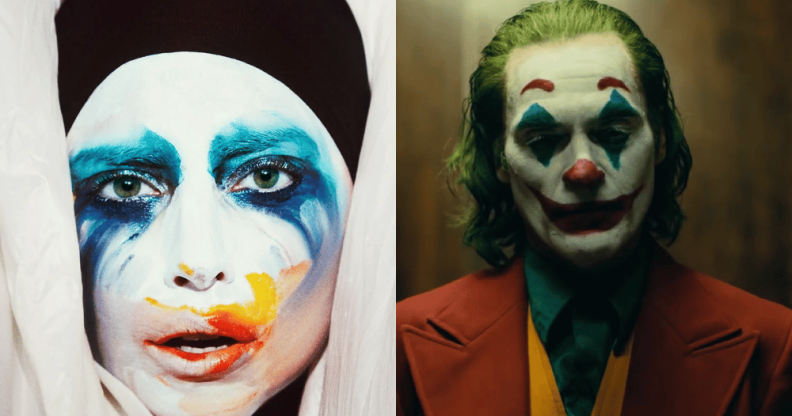 Lady Gaga with clown make-up, from her Applause video, and Joaquin Phoenix as the Joker