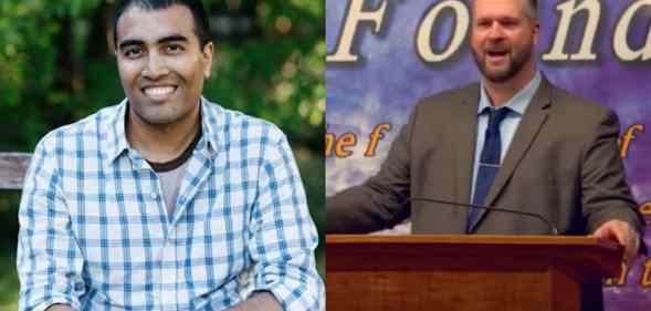Side by side of Hemant Mehta (left) and hate preacher Aaron Thompson (right).