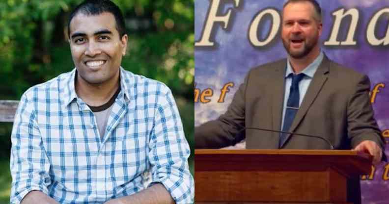 Side by side of Hemant Mehta (left) and hate preacher Aaron Thompson (right).