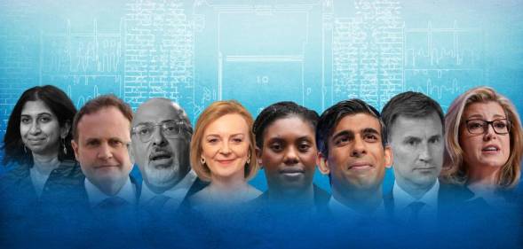 A graphic shows the candidates for the UK Tory leadership election results. The pictures include images of Suella Braverman, Tom Tugendhat, Nadhim Zahawi, Liz Truss, Kemi Badenoch, Rishi Sunak, Jeremy Hunt and Penny Mordaunt. The images of Zahawi, Braverman and Hunt have been greyed out.