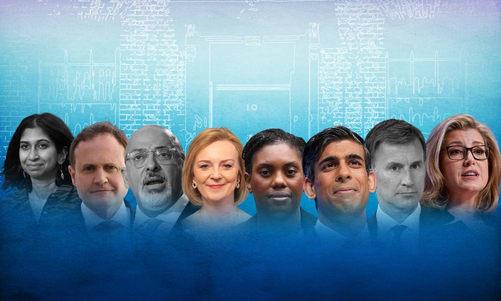 A graphic shows the candidates for the UK Tory leadership election results. The pictures include images of Suella Braverman, Tom Tugendhat, Nadhim Zahawi, Liz Truss, Kemi Badenoch, Rishi Sunak, Jeremy Hunt and Penny Mordaunt. The images of Zahawi, Braverman and Hunt have been greyed out.