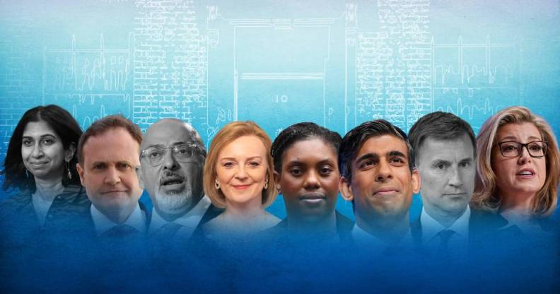 A graphic shows the candidates for the UK Tory leadership election results. The pictures include images of Suella Braverman, Tom Tugendhat, Nadhim Zahawi, Liz Truss, Kemi Badenoch, Rishi Sunak, Jeremy Hunt and Penny Mordaunt. The images of Zahawi, Braverman and Hunt have been greyed out.