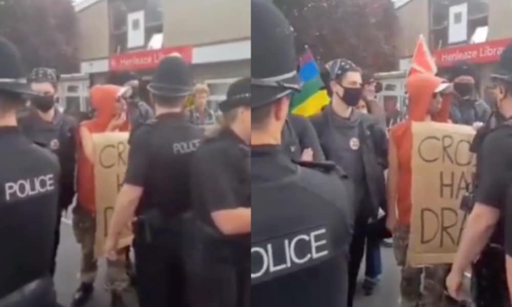 Police attended a protest staged by the far-right at a Bristol library