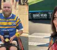 In the image on the left, Verity Smith wears a yellow and blue striped rugby jersey while seated in a wheelchair. He is holding a gold medal in a black box on his lap. In the image on the right, Emily Hamilton wears a floral patterned outfit as she stands in front of a rugby pitch with the words 'Quin's head' visible behind her