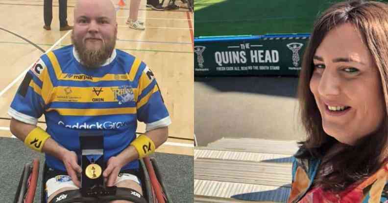 In the image on the left, Verity Smith wears a yellow and blue striped rugby jersey while seated in a wheelchair. He is holding a gold medal in a black box on his lap. In the image on the right, Emily Hamilton wears a floral patterned outfit as she stands in front of a rugby pitch with the words 'Quin's head' visible behind her