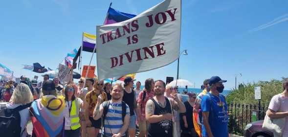 A protester holds a flag that reads 'trans joy is divine' at Trans Pride Brighton