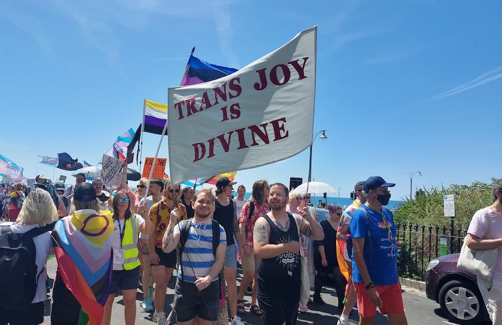 A protester holds a flag that reads 'trans joy is divine' at Trans Pride Brighton