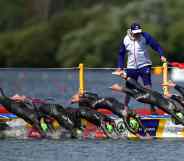 A general view as athletes enter the water during the Women's Triathlon on Day Eight of the European Championships Glasgow 2018 at Strathclyde Country Park on August 9, 2018 in Glasgow, Scotland.