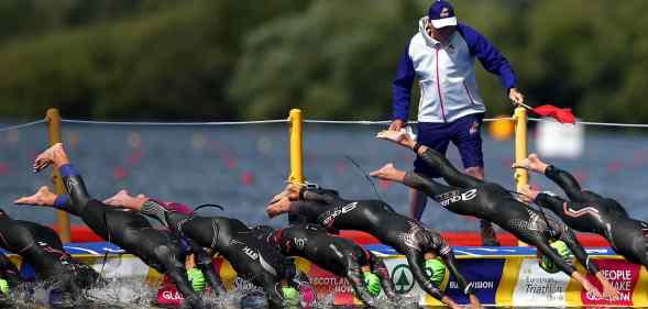 A general view as athletes enter the water during the Women's Triathlon on Day Eight of the European Championships Glasgow 2018 at Strathclyde Country Park on August 9, 2018 in Glasgow, Scotland.