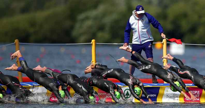A general view as athletes enter the water during the Women's Triathlon on Day Eight of the European Championships Glasgow 2018 at Strathclyde Country Park on August 9, 2018 in Glasgow, Scotland.