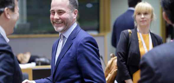 Italian Minister of European Affairs Vincenzo (Enzo) Amendola (L) is talking with then British Minister of State for Europe and the Americas Christopher John Pincher