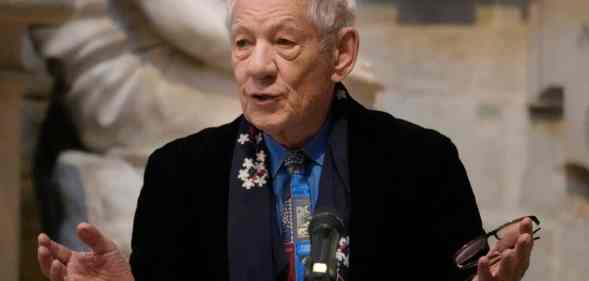 British actor Sir Ian McKellen speaks during a service to dedicate a memorial stone to actor Sir John Gielgud in Poets' Corner at Westminster Abbey on April 26, 2022 in London, England.