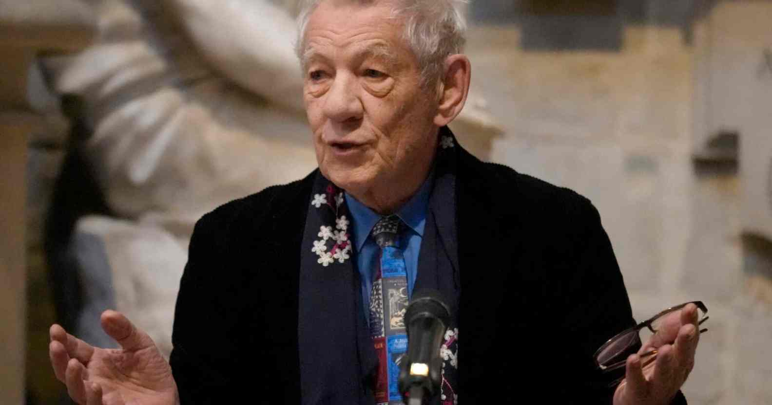 British actor Sir Ian McKellen speaks during a service to dedicate a memorial stone to actor Sir John Gielgud in Poets' Corner at Westminster Abbey on April 26, 2022 in London, England.