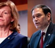 In the image on the left, Tammy Baldwin wears a white shirt and blue blazer with a small golden pin as she stands at a podium. In the image on the right, Marco Rubio wears a white button-up shirt, red tie and blue suit jacket as he speaks to someone off camera