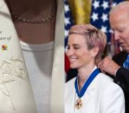 in the image on the left, Megan Rapinoe shows off her white jacket which is embroidered with a rose and the initials 'BG' in honour of detained basketball star Brittney Griner. In the image on the right, Rapinoe wears the white jacket as president Joe Biden puts the presidential medal of freedom around her neck during a ceremony at the White House