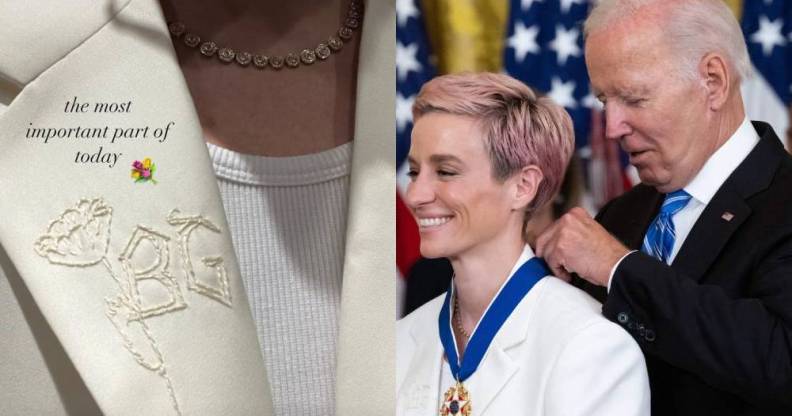in the image on the left, Megan Rapinoe shows off her white jacket which is embroidered with a rose and the initials 'BG' in honour of detained basketball star Brittney Griner. In the image on the right, Rapinoe wears the white jacket as president Joe Biden puts the presidential medal of freedom around her neck during a ceremony at the White House