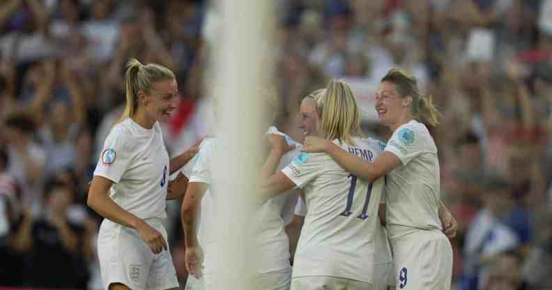 Beth Mead of England celebrates after scoring her team's fifth goal with teammates during the UEFA Women's Euro England 2022 group A match between England and Norway at Brighton at Hove Community