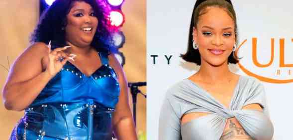 Side by side images of Lizzo and Rihanna. In the image on the left, Lizzo wears a bright blue reflect outfit as she performs on stage. In the image on the right, Rihanna poses in front of a white background while wearing a grey top