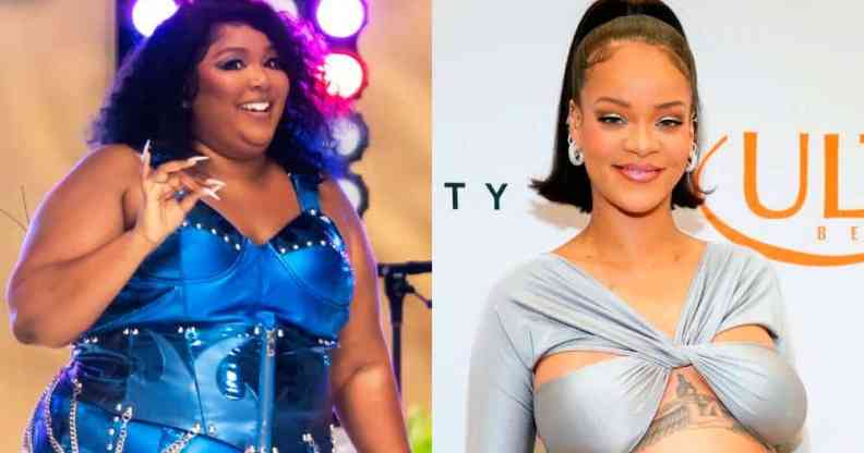 Side by side images of Lizzo and Rihanna. In the image on the left, Lizzo wears a bright blue reflect outfit as she performs on stage. In the image on the right, Rihanna poses in front of a white background while wearing a grey top