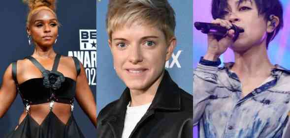 Side by side pictures of Janelle Monáe who is posing for the camera while wearing a black dress, Mae Martin who is smiling at the camera and Hikaru Utada who is singing