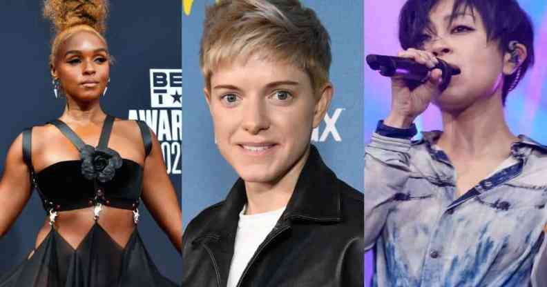 Side by side pictures of Janelle Monáe who is posing for the camera while wearing a black dress, Mae Martin who is smiling at the camera and Hikaru Utada who is singing