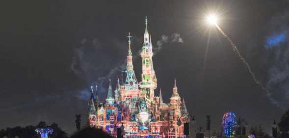 Fireworks explode over the Enchanted Storybook Castle at the Shanghai Disney Resort on the reopening day on June 30, 2022 in Shanghai, China.