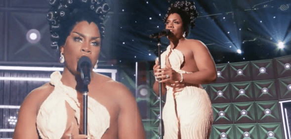 A close-up shot of drag queen Monet X Change wearing a cream-coloured outfit next to another shot where she performs in Drag Race All Stars 7