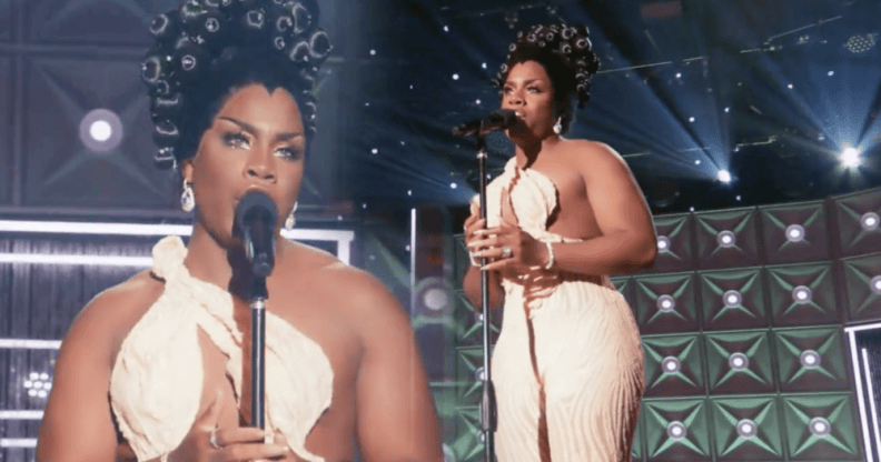 A close-up shot of drag queen Monet X Change wearing a cream-coloured outfit next to another shot where she performs in Drag Race All Stars 7