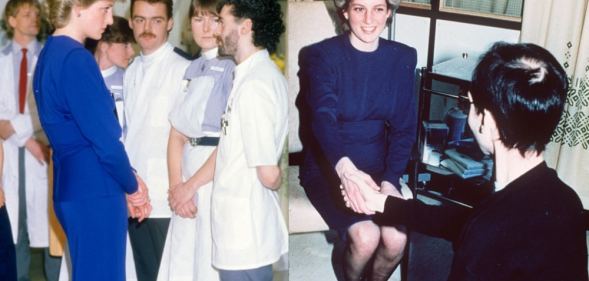 Princess Diana photographed in April 1987 shaking hands with an AIDS patient and meeting doctors at an AIDS wing in a hospital.