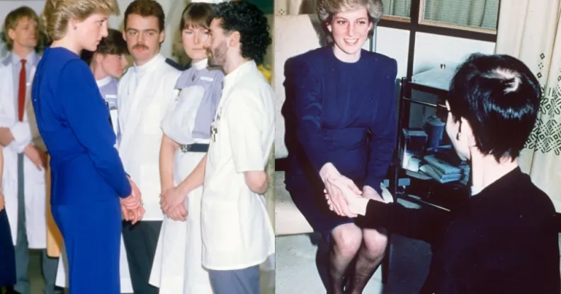 Princess Diana photographed in April 1987 shaking hands with an AIDS patient and meeting doctors at an AIDS wing in a hospital.