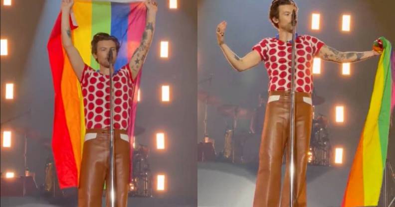 Harry Styles holds up an LGBTQ+ pride flag as he stands on stage during a concert in Oslo Norway