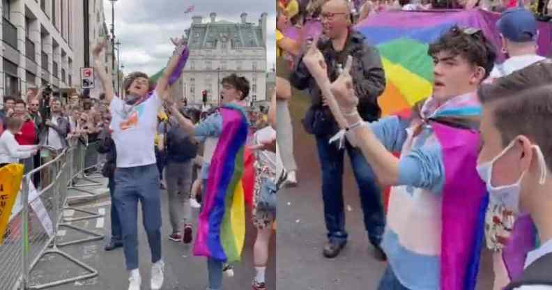 Joe Locke and Sebastian Croft, who are stars of the hit series Heartstopper, wear Pride flags as they dance around and wave the middle finger at a crowd of anti-LGBTQ+ protestors at Pride in London