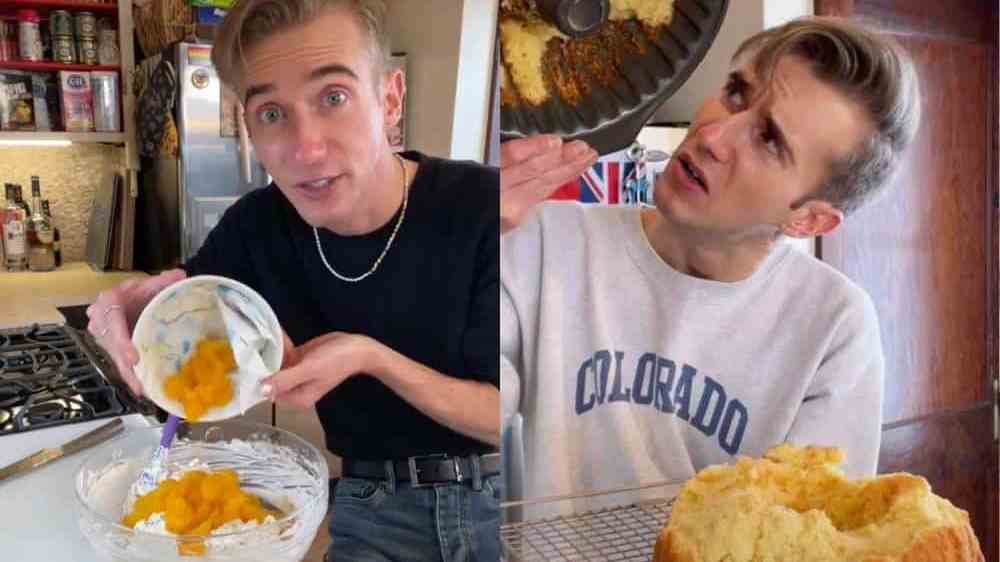Side by side stills of B Dylan Hollis from his TikTok channel. In the image on the left, Hollis wears a black top and blue jeans as he holds up a bowl full of mandarin oranges above another bowl with a white mixture in it. In the image on the right, Hollis is wearing a grey sweatshirt with 'Colorado' written on it in blue lettering. He looking up to the left at an empty bundt pan with remnants of a cake that he is holding up in one hand. The cake is sitting on a wire cooling rack Hollis has in his other hand