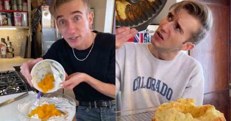 Side by side stills of B Dylan Hollis from his TikTok channel. In the image on the left, Hollis wears a black top and blue jeans as he holds up a bowl full of mandarin oranges above another bowl with a white mixture in it. In the image on the right, Hollis is wearing a grey sweatshirt with 'Colorado' written on it in blue lettering. He looking up to the left at an empty bundt pan with remnants of a cake that he is holding up in one hand. The cake is sitting on a wire cooling rack Hollis has in his other hand