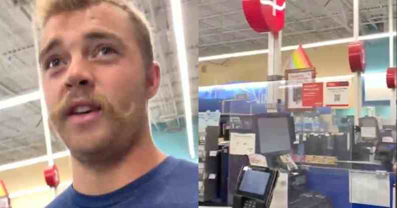 Stills captured from a video recorded by Ethan Schmidt. In the image on the left, Schmidt turned the camera on himself. He has a moustache and is wearing a blue shirt. In the image on the right, there is a small LGBTQ+ Pride flag displayed over a register at a PetSmart
