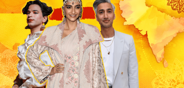 Shiva Raichandani (left), Sonam Kapoor (middle), Tan France (Right) on a orange-yellow backdrop.