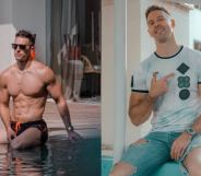 Thomas Beattie pictured at a pool on the left and posing with ripped jeans on the right.