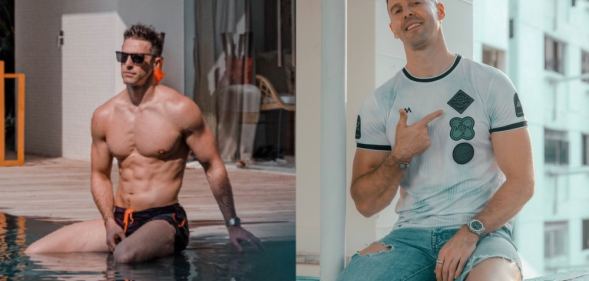 Thomas Beattie pictured at a pool on the left and posing with ripped jeans on the right.